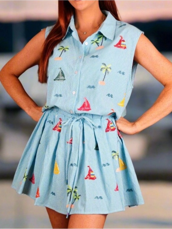 QUEEN OF SPARKLES Dresses & Skirts - Queen of Sparkles Light Blue Striped Sailboat Embroidered Sleeveless Shirt Dress